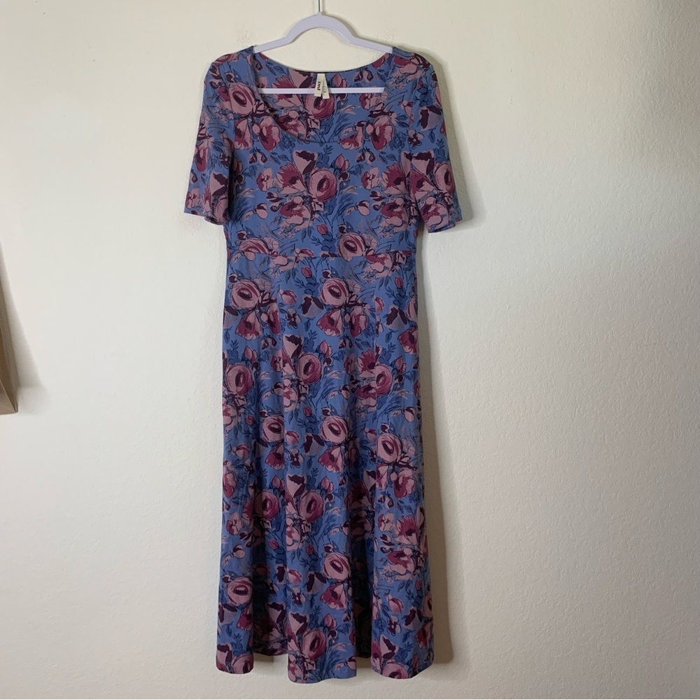 Pact womens blue purple fit & flare scoop short sleeve midi dress L